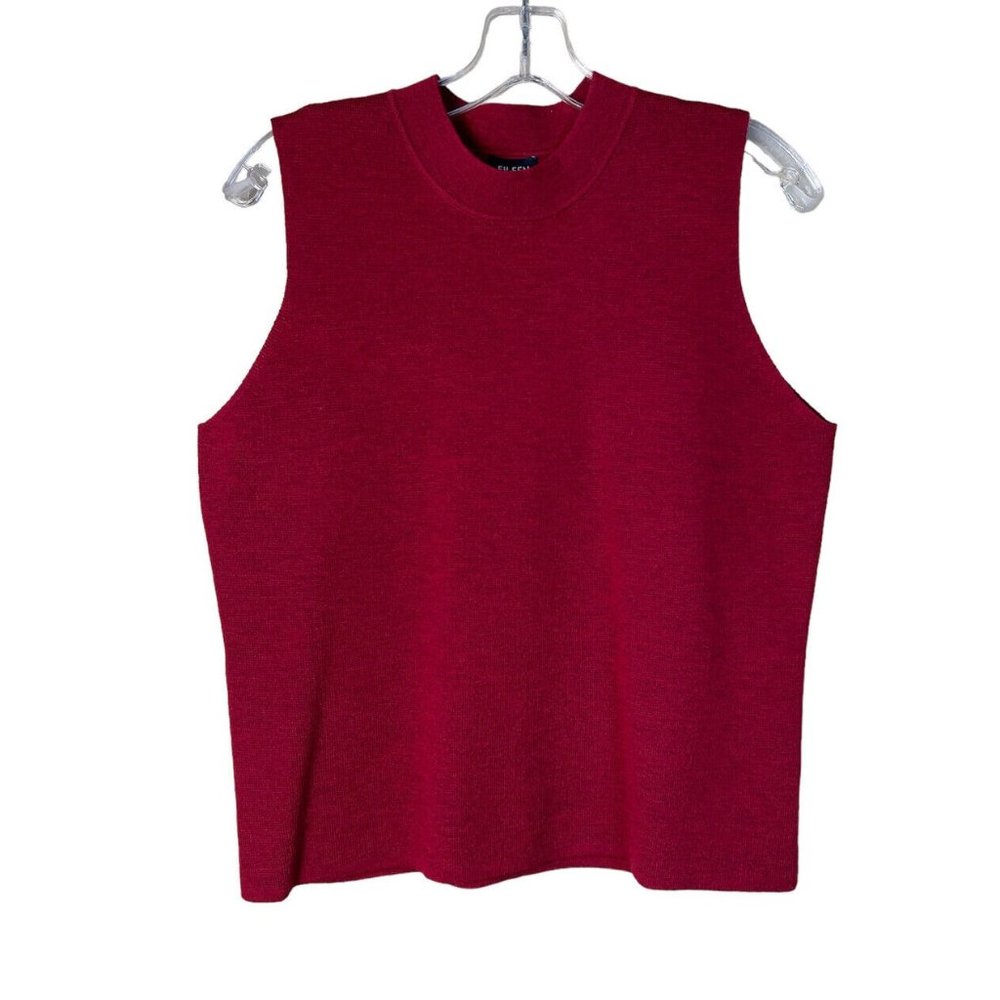 Eileen Fisher Size L Petite Red Sleeveless Wool Tank Top Stretch High Mock Neck